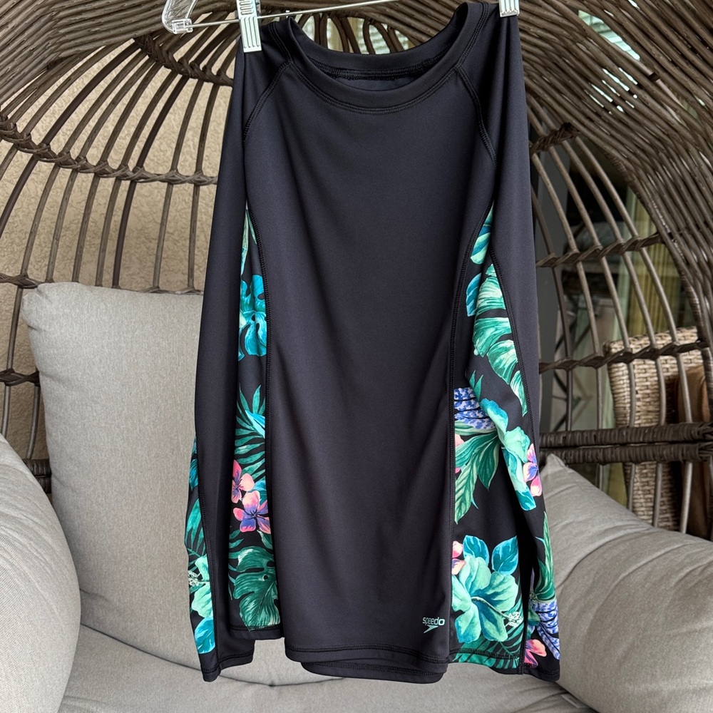 Speedo Black Rash Guard with Teal & Pink Tropical Panels